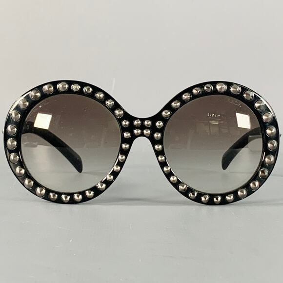 PRADA Black Silver Studded Acetate Oversized Round Sunglasses - Picture 1 of 8